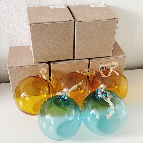 Schoolhouse Handblown Glass Ornaments (Set of 5) Amber & Glacier RETIRED / RARE
